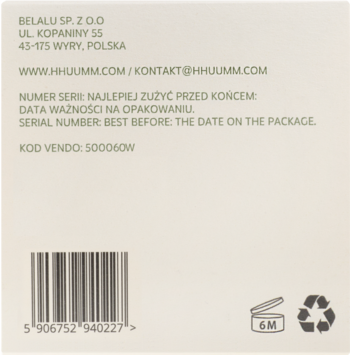 Tył beżowego opakowania musu oczyszczającego Belalu z adresem, kodem kreskowym, datą ważności i symbolem 6M.