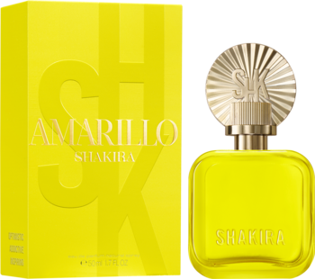 Żółte perfumy Shakira Amarillo: pudełko z wytłoczonym logo i butelka ze złotym korkiem, widok od frontu.
