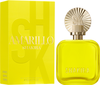 Żółte perfumy Shakira Amarillo w butelce i pudełku, widoczne z przodu, ze złotą nakrętką i napisami.