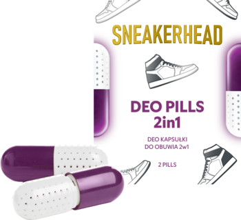 Sneakerhead Deo Pills 2in1: zbliżenie na perforowane, fioletowo-białe kapsułki zapachowe do obuwia.
