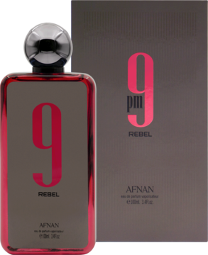 Afnan 9 PM Rebel perfumy, butelka z ciemnoszarym korpusem i czerwoną cyfrą 9, przed szarym pudełkiem.