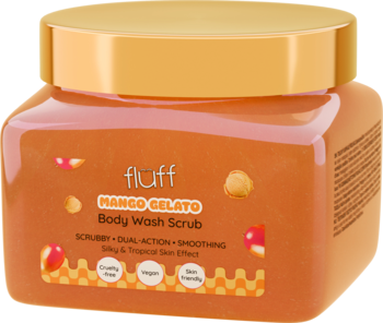 Fluff Mango Gelato Body Wash Scrub w pomarańczowym kwadratowym słoiku z żółtą zakrętką, widok z przodu.