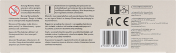 Tył beżowego opakowania produktu z ostrzeżeniami o małych elementach, kodem kreskowym i logo CE.
