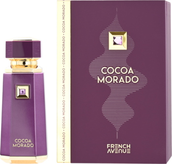 Purpurowa butelka perfum Cocoa Morado z złotym korkiem i ozdobnym pudełkiem French Avenue, widok z przodu.