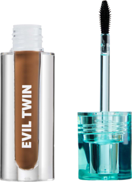 Żel do brwi Trouble Maker Evil Twin Tinted Brow Gel w kolorze Medium Brown, z otwartą tubką i szczoteczką.