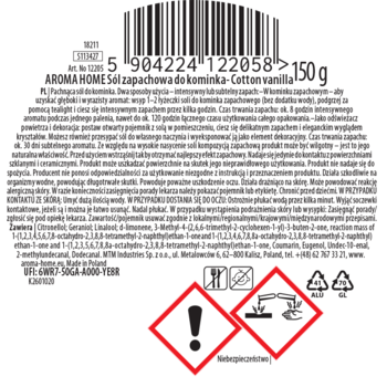 Okrągła etykieta soli zapachowej AROMA HOME Cotton Vanilla 150g z kodem kreskowym i piktogramami ostrzegawczymi.