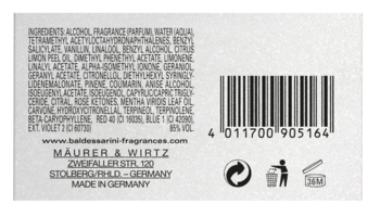 Tył opakowania Baldessarini Bella Lilac Diamond Damska woda perfumowana. Białe tło, lista składników, kod kreskowy, recykling.