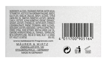Tył opakowania wody perfumowanej Baldessarini Bella Lilac Diamond: lista składników, kod kreskowy.