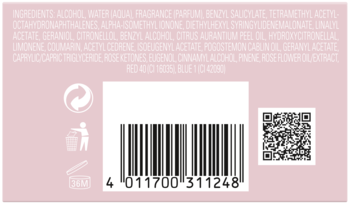 Tył różowego opakowania perfum Betty Barclay Blush z listą składników, kodem EAN, QR kodem i symbolami recyklingu.