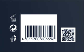 Tył opakowania Tom Tailor Essence of Power: biały kod kreskowy, symbol PAO, recyklingu i QR kod na granatowym tle.