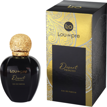 Czarny flakon perfum Lou de Pre Desert Princess, kwiatowo-pudrowy zapach, obok złoto-czarnego pudełka.