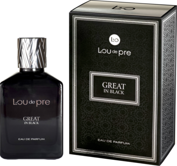 Perfumy Lou de Pre Great in Black, czarny flakon i eleganckie pudełko, widok z przodu zestawu.