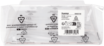 Prostokątne panele akrylowe Hama w przezroczystej folii, z widoczną białą etykietą produktu i kodem kreskowym.