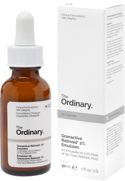 The Ordinary Granactive Retinoid 2% Emulsion serum, brown dropper bottle with white label next to box, angled.