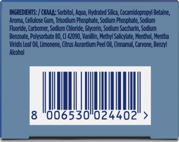 Tył niebieskiego opakowania pasty Oral-B Kids Król Lew, widoczne składniki i kod kreskowy.