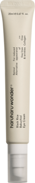 haruharu wonder Black Rice Bakuchiol Eye Cream w beżowej tubce 20ml. Widok z przodu z opisem składników na zmarszczki.