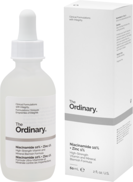 Serum rozświetlające The Ordinary Niacinamide 10% + Zinc 1% w białej butelce i kartoniku, widok z przodu.