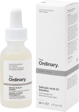 Białe serum The Ordinary Salicylic Acid 2% Solution w butelce z zakraplaczem obok kartonowego opakowania.