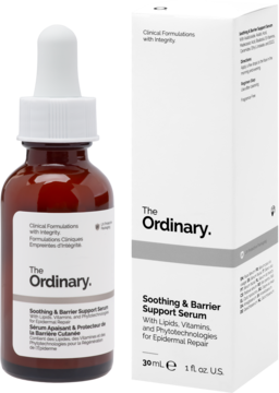 The Ordinary Soothing & Barrier Support Serum: brązowa butelka z zakraplaczem i białe pudełko. Wspiera barierę skórną.