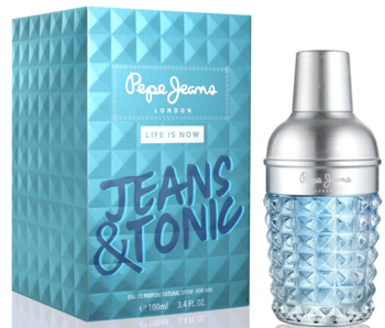 Pepe Jeans JEANS & TONIC for Him, męska woda toaletowa. Szklany flakon z teksturą i srebrnym korkiem, obok niebieskiego pudełka z napisem.