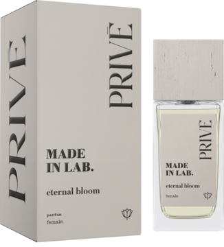 Perfumy damskie Made In Lab. Prive Eternal Bloom: butelka z drewnianą zakrętką obok beżowego pudełka.