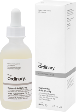 Serum The Ordinary Hyaluronic Acid 2% + B5 w białej butelce z pudełkiem obok, widok z przodu pod kątem.