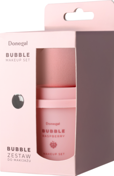 Różowy zestaw Donegal Bubble Raspberry z gąbeczką do makijażu w cylindrycznym etui, widok pod kątem.