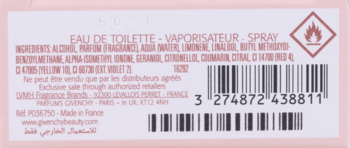 Tył opakowania wody toaletowej Givenchy Irresistible Fraiche. Widoczna lista składników, kod kreskowy i symbol łatwopalności.