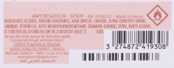 Tył różowo-białej etykiety Givenchy Irresistible woda toaletowa, z listą składników, kodem kreskowym i symbolem płomienia.