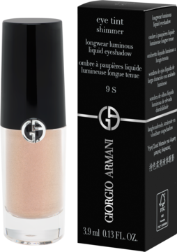 Giorgio Armani Eye Tint Shimmer, butelka z beżowym, płynnym cieniem i czarne opakowanie. Ujęcie z przodu.