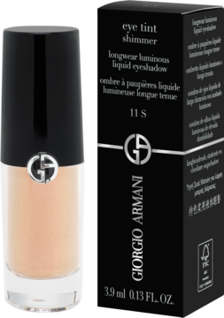 Beżowy Giorgio Armani Eye Tint Shimmer 11S, długotrwały płynny cień, butelka z czarną nakrętką i pudełko.