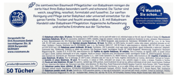 Tył opakowania chusteczek nawilżanych Babydream, 50 sztuk, z niemieckim opisem właściwości i danymi producenta Rossmann.