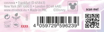 Tył opakowania Essence w różowo-fioletowym tle. Widoczny kod kreskowy, kod QR, logo Disney, adres www.essence.eu i symbole.