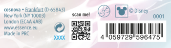 Tył opakowania kosmetyku Essence z kodem kreskowym, kodem QR 'scan me!', logo Disney i danymi producenta.