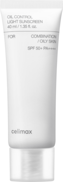 Biała tubka Celimax Oil Control Light Sunscreen SPF 50+ PA++++ dla skóry tłustej, widok z przodu.