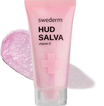 Różowa tubka Swederm HUD SALVA vitamin E na tle perłowej maści, intensywna pielęgnacja suchej skóry.