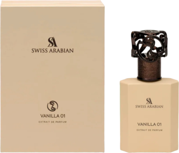 Swiss Arabian Vanilla 01 Extrait de Parfum w beżowym pudełku i heksagonalnej butelce z ozdobnym korkiem.