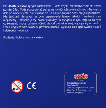 Tył opakowania zabawki Eolo, ciemnoniebieskie, z ostrzeżeniami PL o małych częściach, wiek 0-3, znak CE.