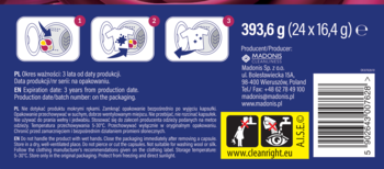 Tył niebieskiego opakowania kapsułek do prania MILL Perfume&Fashion (393,6g), z instrukcjami użycia i kodem kreskowym.