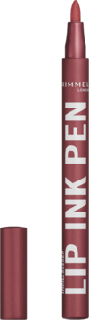 Pionowy widok z przodu Rimmel Thrill Seeker Lip Ink Pen w ciemnoróżowym kolorze, z odkręconą skuwką i widocznym aplikatorem.