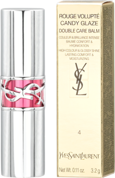 Balsam do ust YSL Rouge Volupté Candy Glaze w srebrnej tubie z różowym logo i złote pudełko, widok przodem.