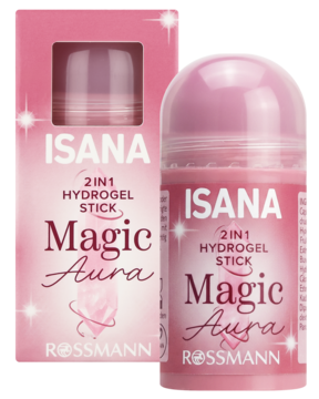 Różowy hydrożelowy sztyft ISANA Magic Aura i opakowanie, widok przodem, z efektem brokatu, na tle czerni.
