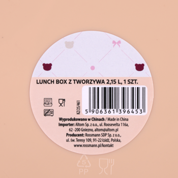 Różowa, okrągła etykieta lunch boxa z tworzywa 2,15 L na jasnym tle, z kodem kreskowym i danymi producenta.