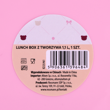 Okragła naklejka na lunch box plastikowy Rossmann 1,1L, z kodem kreskowym i danymi, na różowym tle.