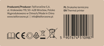 Etykieta opakowania drukarki termicznej z kodem kreskowym, danymi producenta TeForceOne i symbolami recyklingu.