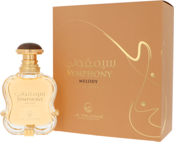 Le Falcone Symphony Melody Eau de Parfum 100 ml: złoty, ozdobny flakon i beżowe pudełko ze złotymi zdobieniami, widok z przodu.
