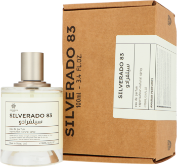 Amaran Silverado 83 Eau de Parfum, szklany flakon i brązowe pudełko, widok z przodu, na jasnym tle.