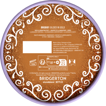 Tył złoto-brązowego opakowania Bronzer Gilded in Gold Bridgerton, z białymi ornamentami, tekstem i symbolami.