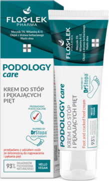 Flos-Lek Podology Care krem do stóp na pękające pięty. Biała tuba obok otwartego zielonego pudełka.