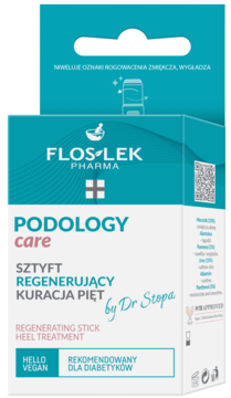 Flos-Lek Podology Care regenerujący sztyft na pięty, dla diabetyków, w turkusowo-białym pudełku.